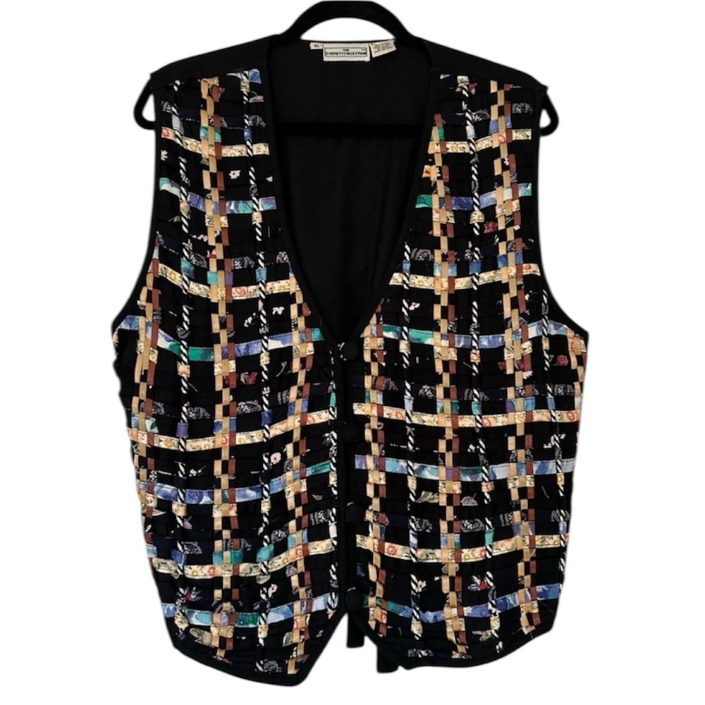 Vintage Basketweave Detail Tie Back Detail V Neck Button Front Vest XL Black